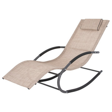 Patio Rocking Chair Curved Rocker Chaise Lounge Chair with Pillow, Beige