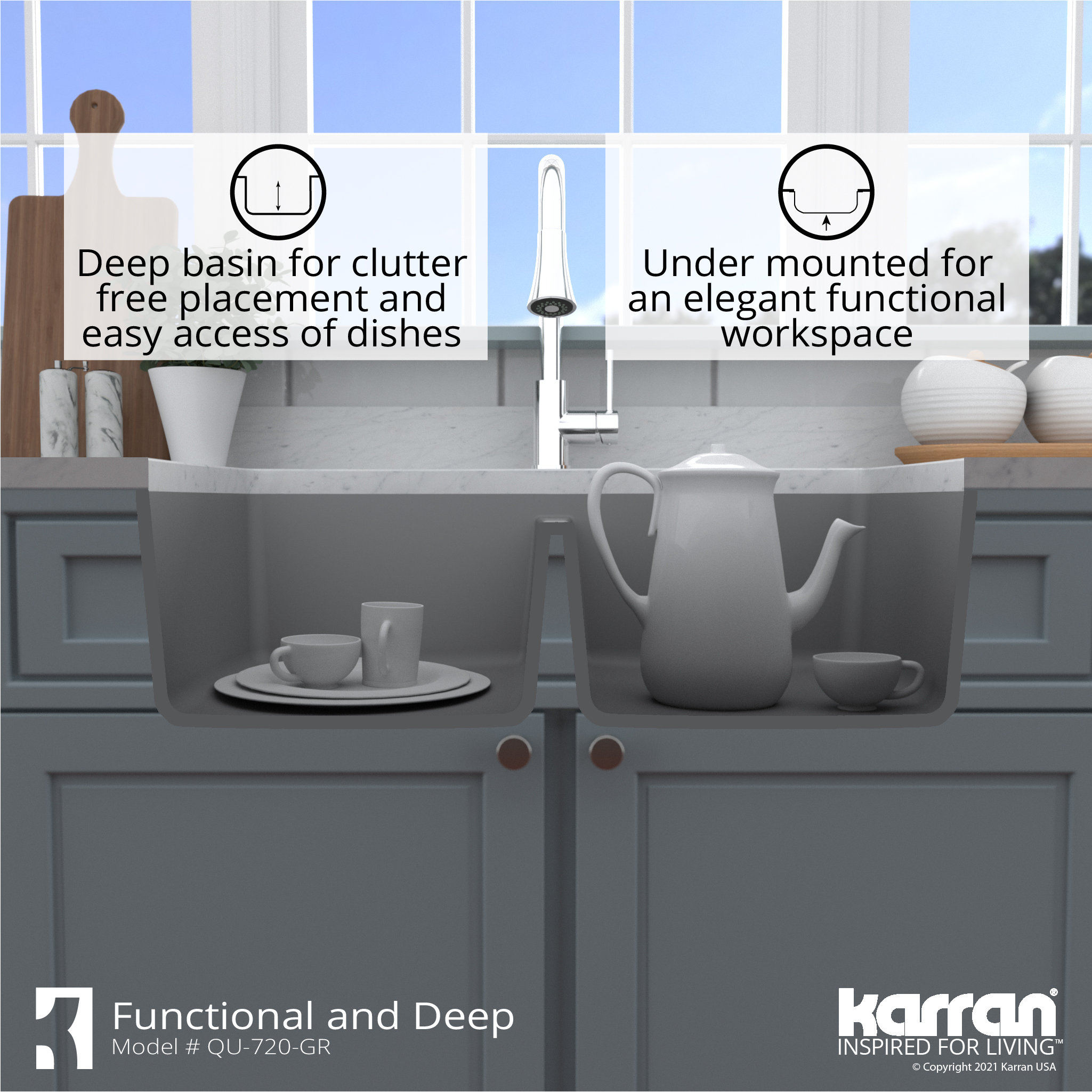 Karran Undermount Quartz 33" 50/50 Double Bowl Kitchen Sink Kit, Grey