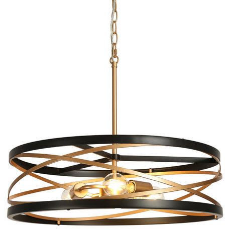 LNC Distressed Farmhouse Drum Cage Chandelier, Black and Gold, 3 Lights