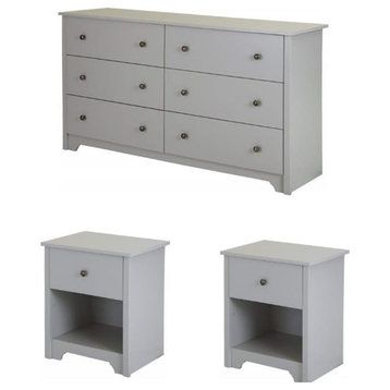 3 Pieces Set of Wood 6 Drawer Double Dresser & 2 Nightstands in Gray