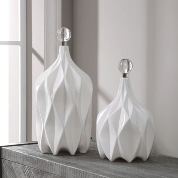 Embossed Modern Gloss White Bottle Ceramic Finial Diamond, 2-Piece Set
