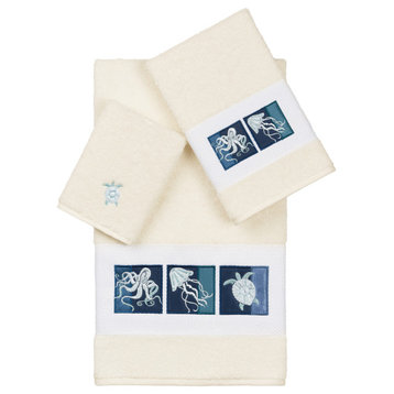 100% Turkish Cotton Ava 3-Piece Embellished Towel Set, Cream