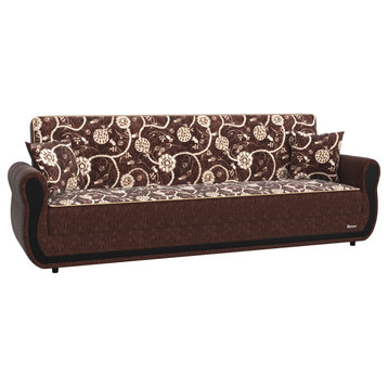 Modern Sleeper Sofa, Chenille Seat With Floral Pattern & Round Arms, Brown