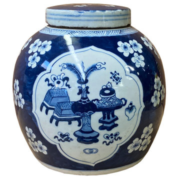 Chinese Blue & White Flower Vase Graphic Porcelain Ginger Jar Hws1227