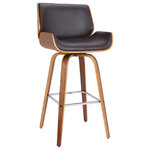 Dwellist - Carter 30" Mid-Century Swivel Barstool, Brown Faux Leather With Walnut Veneer - The Dwellist Carter mid-century barstool is a standout in any contemporary household setting. The Carter's beautiful walnut wood frame is perfectly accented by its faux leather upholstered seat and back. The Carter is wonderfully versatile, sporting a stylish yet practical appearance as well as a 360 degree swivel function for exceptional mobility. The Carter is available in 26 inch counter and 30 inch bar height with brown faux leather.