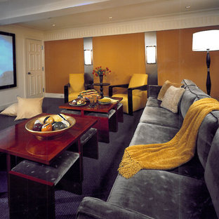 Design ideas for a contemporary home cinema in Chicago with carpet and purple floors.