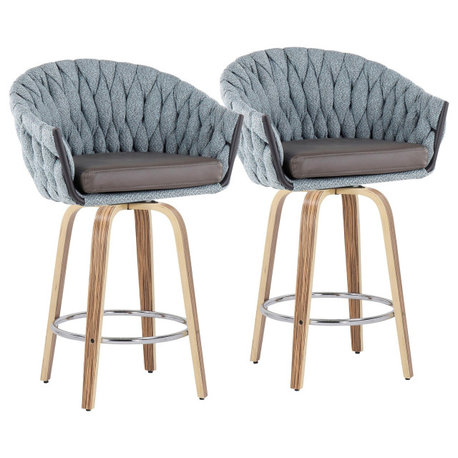 Braided Matisse Fixed-Height Counter Stool, Set of 2, Zebra Wood/Blue/Gray PU