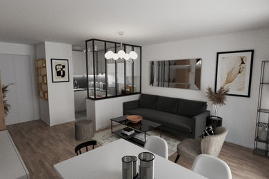 Cette image montre une salle de séjour minimaliste de taille moyenne et ouverte avec parquet clair et un téléviseur fixé au mur.