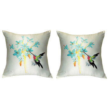 Pair of Betsy Drake Blue Hummingbird No Cord Pillows 18 Inch X 18 Inch