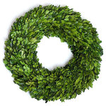 Mills Floral Company - Boxwood Round Wreath Single Side 16" - This beautiful Round Boxwood Wreath is handmade using real boxwood of the finest quality material that has been preserved to maintain a lush green color, natural textural, and thick finishing. This elegant and classic wreath is the perfect way to add fresh greenery to your home this spring!