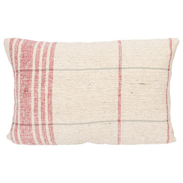 24" Woven Cotton Slub Lumbar Pillow With Grid Pattern, Natural and Red