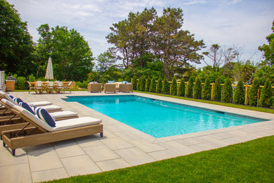 Pool - large transitional backyard rectangular natural pool idea in Boston