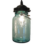 The Lamp Goods - Blue Mason Jar Pendant With Authentic Jar, Antique Black - A handcrafted pendant that lights an original blue, vintage mason jar with all its history. Featuring both the original wire-bail and raised lettering.