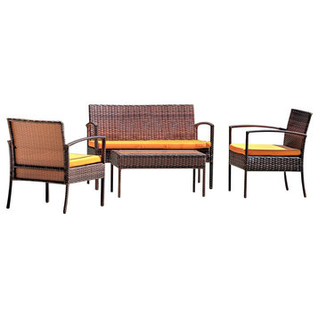Teaset 4-Piece Dark Brown Wicker Patio Conversation Set with Orange Cushions