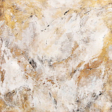 Large Abstract Textured Painting in Neutral Colors and Gold Leaf Foil