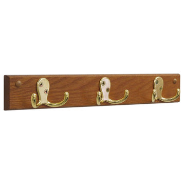 Wooden Mallet 3 Hook Wall Coat Rack Rail in Medium Oak and Brass
