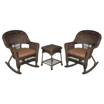 Jeco 3pc Wicker Rocker Chair Set in Espresso with Brown Cushion