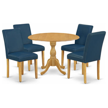 5 Pc Dining Set, Oak Table, 4 Oasis Blue Pu Leather Chairs, Oak Finish