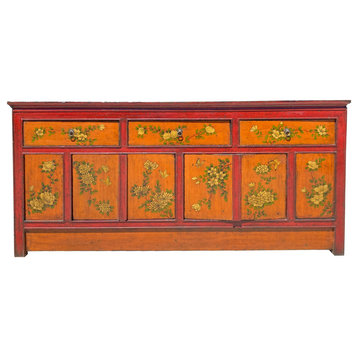 Chinese Tibetan Orange Red Yellow Flower Graphic Low TV Console Table Hcs7317