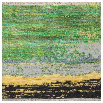 2'x2' Hand Knotted Wool and Silk KPSI Oriental Area Rug Green, Gold Color