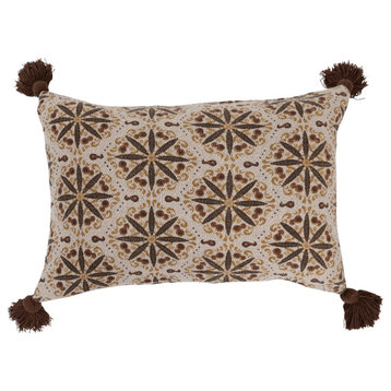Recycled Cotton Blend Lumbar Pillow With Floral Medallion Print and Tassels