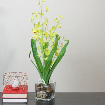23.5" Potted Artificial Yellow Dancing Lady Orchid Silk Flower Plant