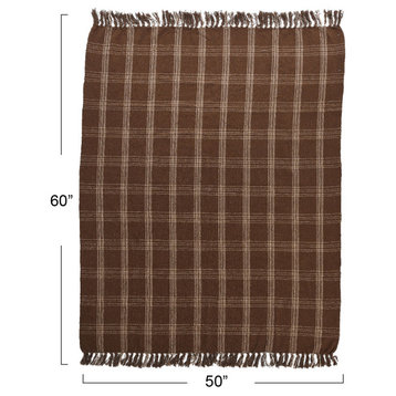 Recycled Cotton Blend Throw Blanket, Blue Plaid, Brown