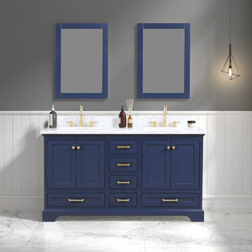 Bath Vanity, Marble Top, Blue, 60'' With Sink, Mirror