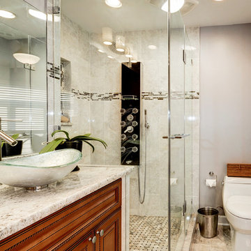 Elegant Master Bathroom Remodel with Quartz-Granite Hybrid Vanity and Spa Shower