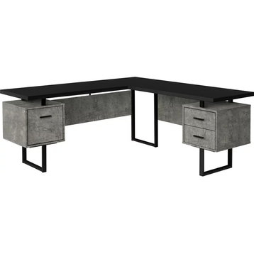 Modern L-Shaped Desk, Large Floating Top With Spacious Drawers, Black/Concrete