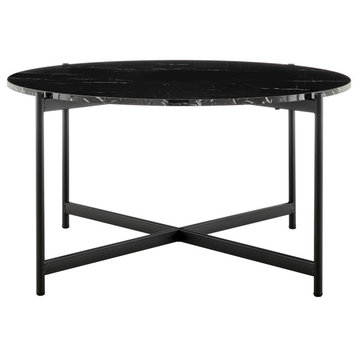 Round Contemporary Marble Finish Veneer Top Black Coffee Table, Black/Black