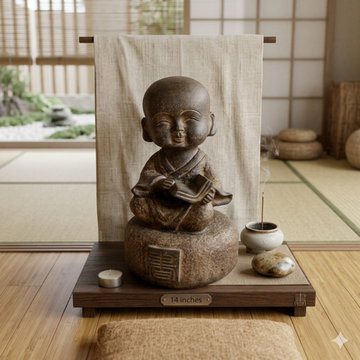 Oriental Gray Stone Little Lohon Monk Reading Book Statue ws3635
