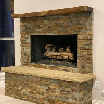 Stacked-Stone Fireplace with Live-Edge Mantel - Frisco