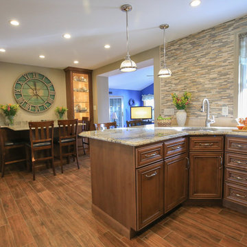Spacious Transitional Kitchen Remodel | Wood Cabinets & Stone Accent Wall