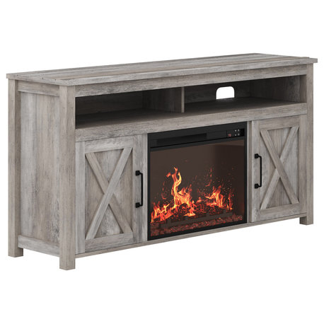 58" Corin Barn Door TV Stand with 23" Fireplace, Gray Wash