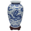 14" Dragon Blue and White Porcelain Tung Chi Vase