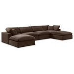 Meridian Furniture - Comfy Upholstered U-Shaped Modular Sectional, Brown, 6-Piece: 2 Armless Chair, 2 Corner Chair, 2 Ottoman, Velvet - Give your space a whole new look with this brown Comfy velvet sectional. This handsome sectional fits nicely with other items in the Comfy collection and is a versatile seating option designed for adaptability, comfort and style. Wrapped in rich brown durable velvet upholstery, this sectional offers a plush embrace of overstuffed down feather cushions, carefully crafted to deliver the highest level of comfort. The perfect seat for creating an oasis for relaxation, this sectional has thick foam surrounding its frame for added support and coziness.