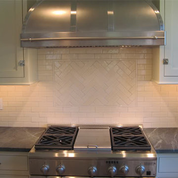 White Subway Tile in Herringbone Pattern