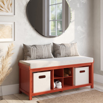 Solid Wood Entry Bench with 2 Bins and 1 Shoe Divider, Red Mahogany