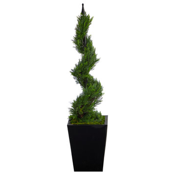 44" Cypress Spiral Topiary Artificial Tree, Black Metal Planter