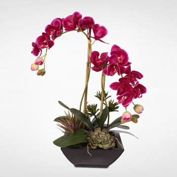 Violet Color Real Touch Phalaenopsis Orchid & Succulents in a Metal Pot