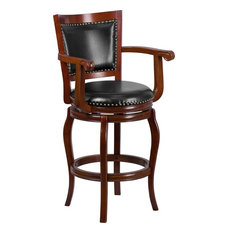 iHome Studio - Estella 30'' Panel Back Cherry Wood Bar Stool With Black Leather Swivel Seat - Bar Stools and Counter Stools