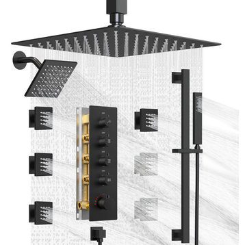 Thermostatic Dual Heads Rain Shower Faucet with Rough-In Valve & 6 Body Jets, Matte Black, 16 in. X 6 in.