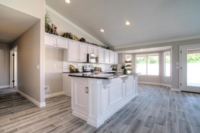 This is an example of a large modern single-wall open plan kitchen in Phoenix with a single-bowl sink, raised-panel cabinets, white cabinets, granite benchtops, white splashback, cement tile splashback, stainless steel appliances, cement tiles, with island, grey floor and white benchtop.