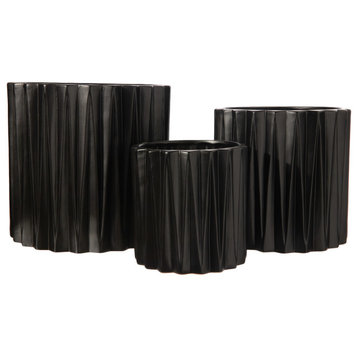 Round Ceramic Pot with Corrugated Spike Design Matte Black Finish, Set of 3