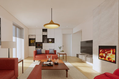 Aménagement d'un salon contemporain de taille moyenne et ouvert avec un mur blanc, parquet clair, une cheminée standard, un manteau de cheminée en carrelage, un téléviseur indépendant et un sol beige.