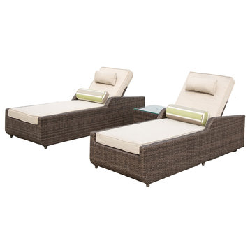 78" Set of Two Brown Indoor Outdoor Chaise Lounge with Beige Cushion