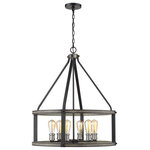 Z-Lite - Kirkland 6 Light Pendant, Ashen Barnboard - Featuring a cage-inspired frame, this six-light pendant light completes a modern motif. The faux barnwood construction is sleek with an ashen hue and exposed lightbulbs.