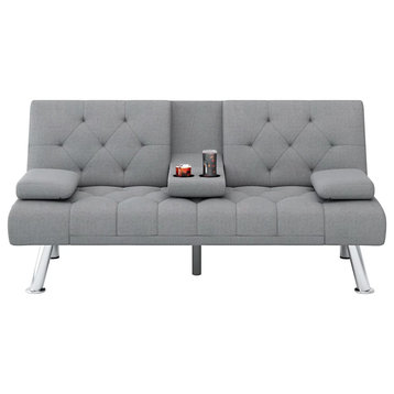 Modern Folding Futon, Tufted Polyester Seat & Drop Down Cupholders, Gray