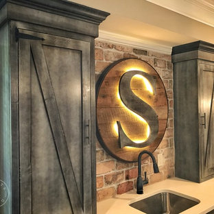 Photo of a small rustic look-out basement in Atlanta with grey walls, vinyl flooring and brown floors.